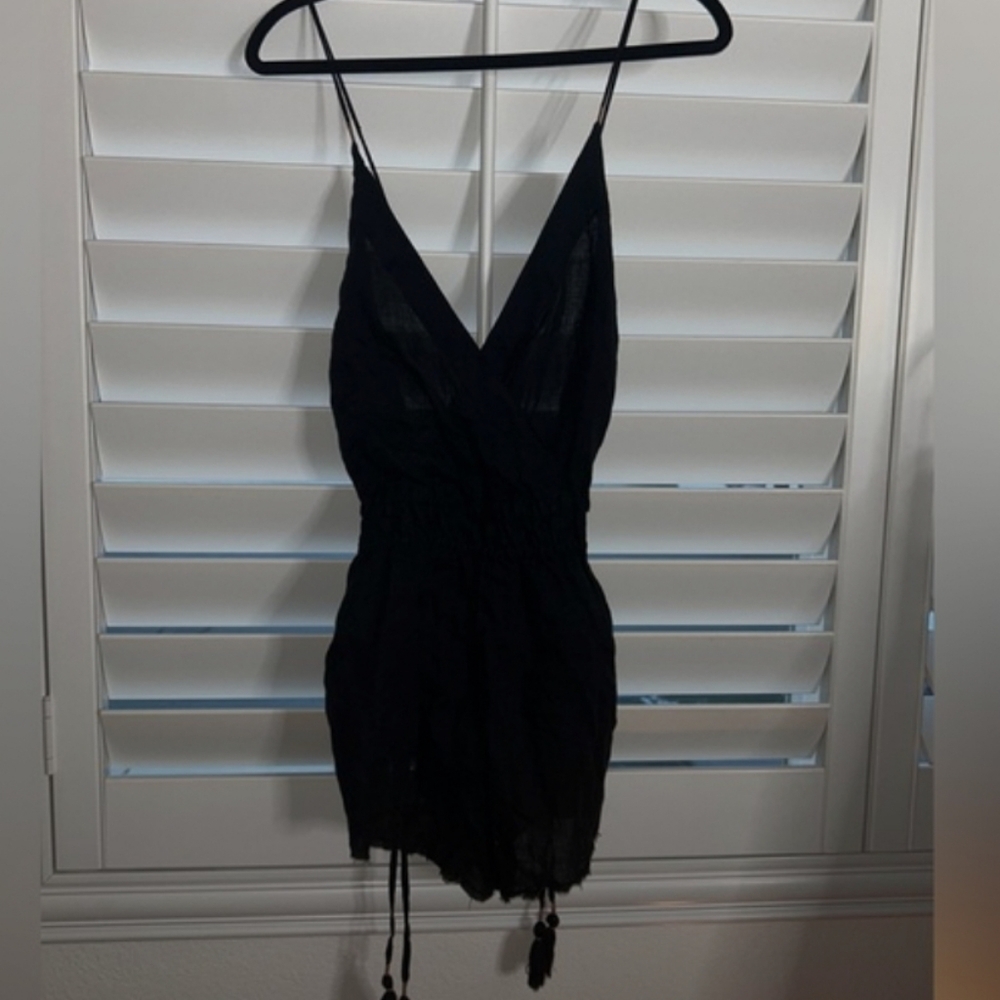Intimately Free People Black Tassel Linen Strappy Romper Onesie Medium Surplice - Picture 4 of 6
